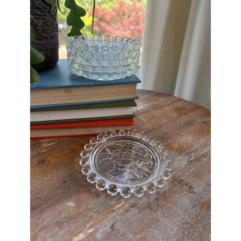 Vintage Set of 6 Rose Glass Coasters Made in German Democratic Republic Bead Rim
